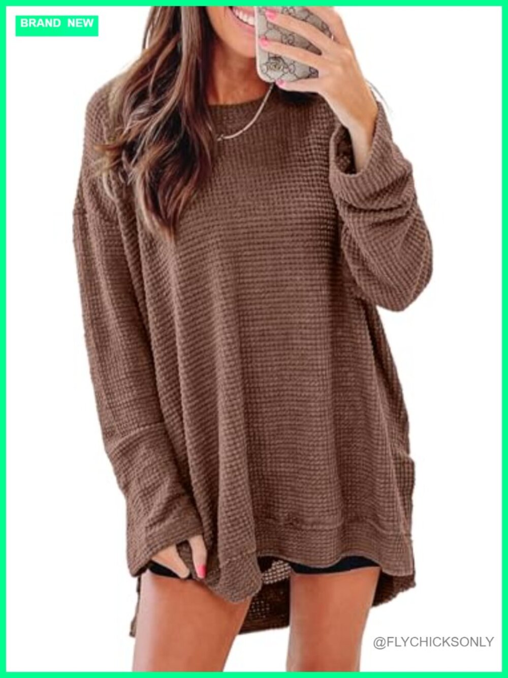 Oversized Waffle Knit Sweatshirt Crewneck Long Sleeve Tunic Top